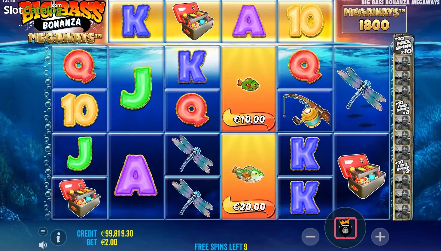 Écran de gameplay de Big Bass Bonanza Megaways pendant les free spins avec Fisherman Wild et modificateurs visibles