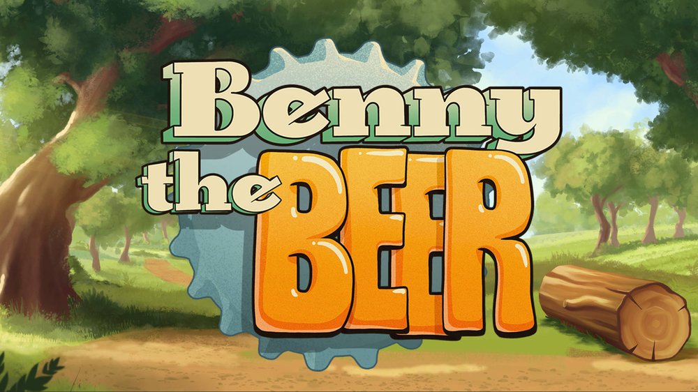 Benny The Beer en action, le personnage chope de bière Hacksaw Gaming sur fond de Biergarten forestier