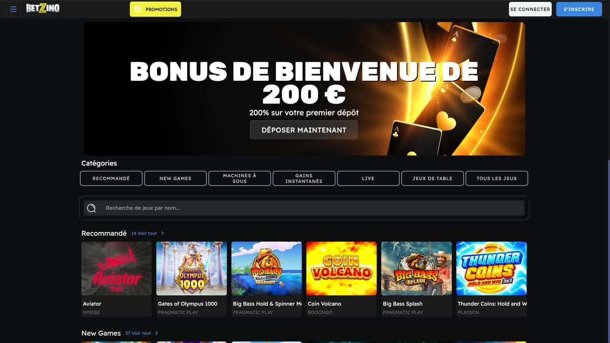 Interface du lobby de Betzino casino en ligne avec navigation horizontale par catégories de jeux