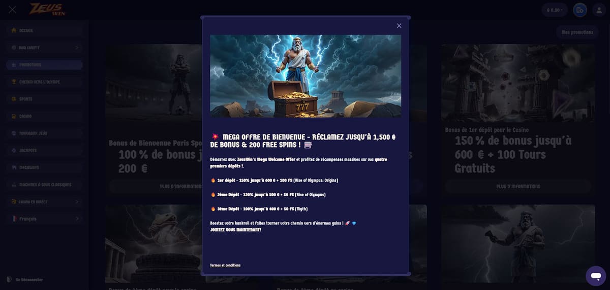 Page du bonus de bienvenue ZeusWin affichant le pack trois dépôts jusqu'à 1 500 € + 200 FS avec les conditions de wager