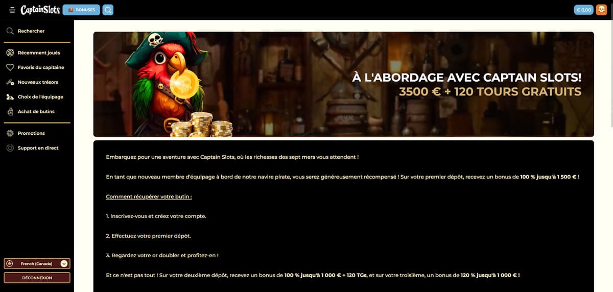 Page du bonus de bienvenue de Captain Slots présentant le pack de 3 500 euros plus 120 tours gratuits sur 3 dépôts