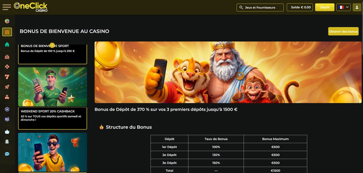 Page bonus de bienvenue de OneClick Casino présentant le pack en 3 dépôts jusqu'à 1 500 euros avec wager x30