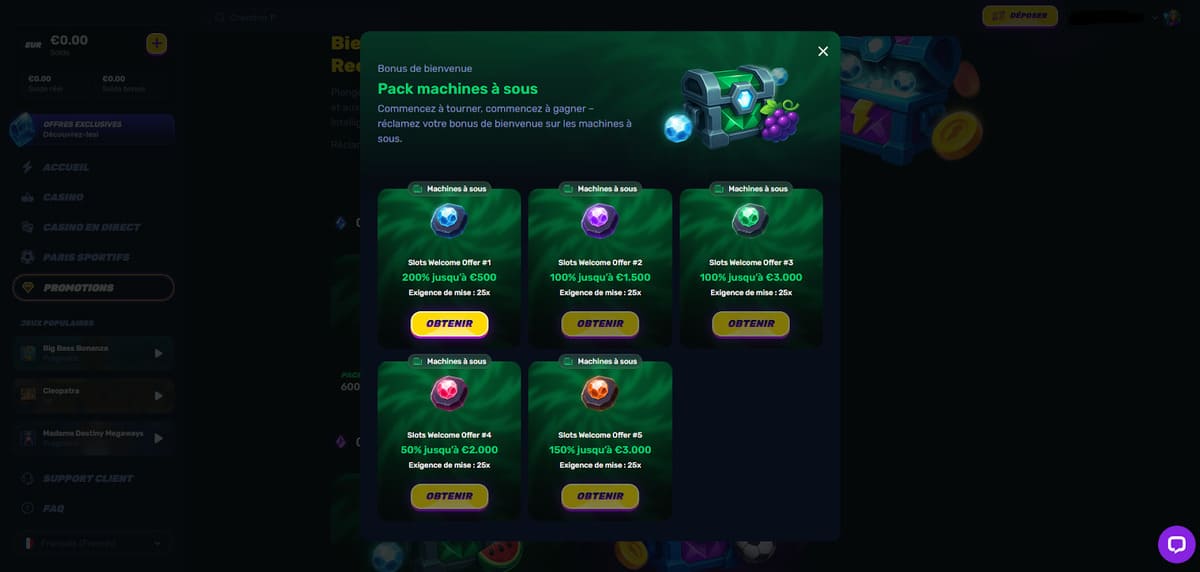 Page de bonus de bienvenue de Wino Casino présentant le pack casino 200% jusqu'à 10 000 euros en 5 dépôts