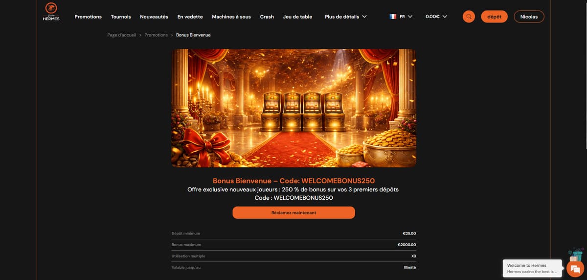 Page bonus de bienvenue de Hermes Casino affichant l'offre 200 % jusqu'à 2 000 € avec le détail des conditions de mise