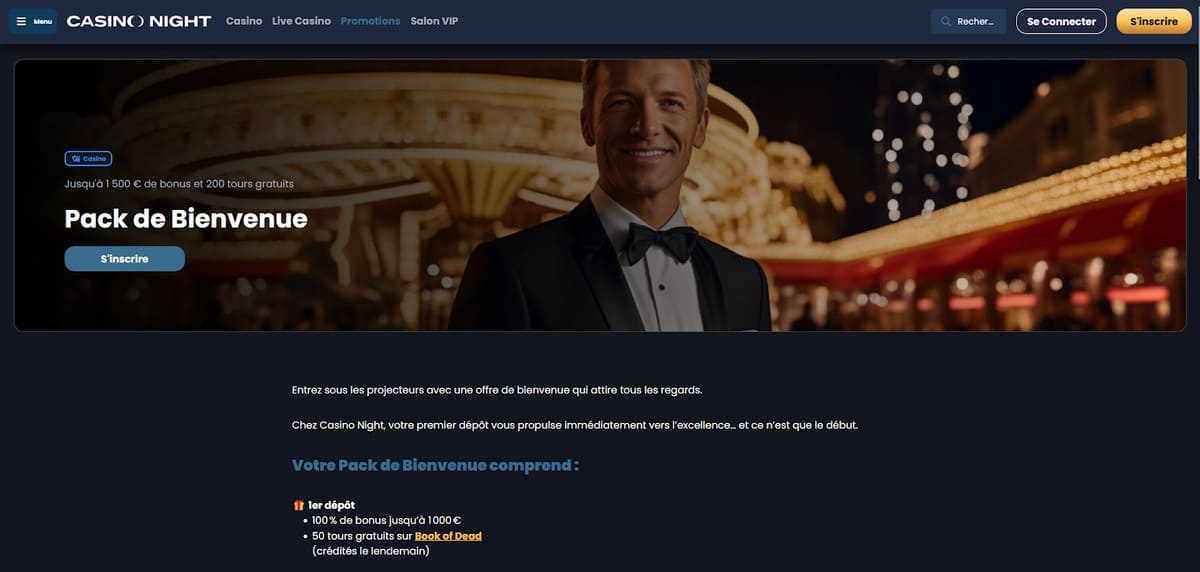 Page du bonus de bienvenue de CasinoNight affichant le pack 100% jusqu'à 1 500 euros et 200 tours gratuits