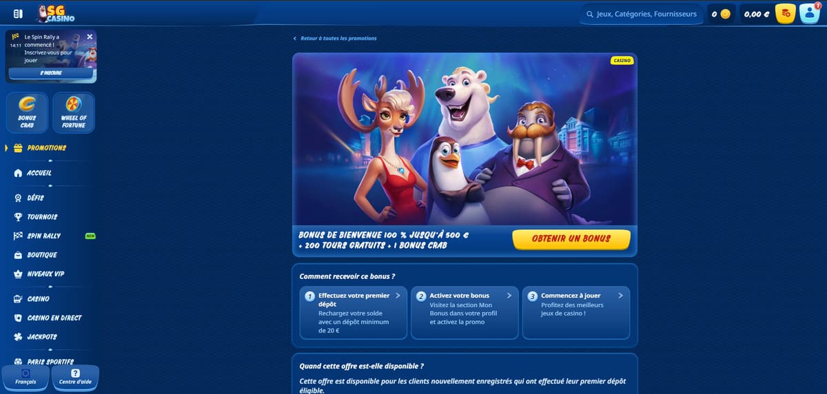 Page du bonus de bienvenue SG Casino présentant les 100% jusqu'à 500 € et les 200 free spins inclus