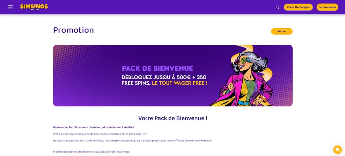 Page bonus de bienvenue Simsinos affichant le pack 100% jusqu'à 500 euros plus 250 tours gratuits sans wager