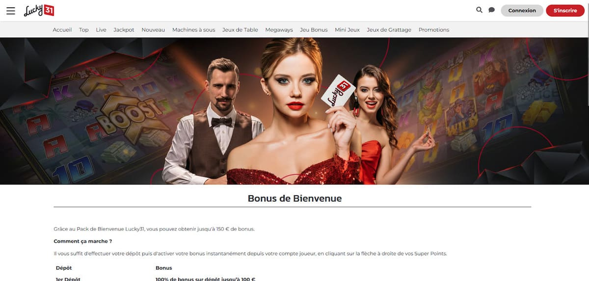 Page du bonus de bienvenue Lucky 31 avec le détail du welcome pack en deux dépôts successifs