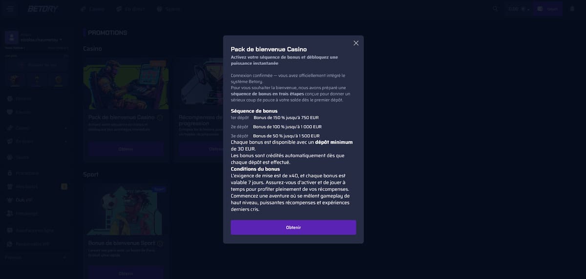 Page des bonus de bienvenue Betory Casino