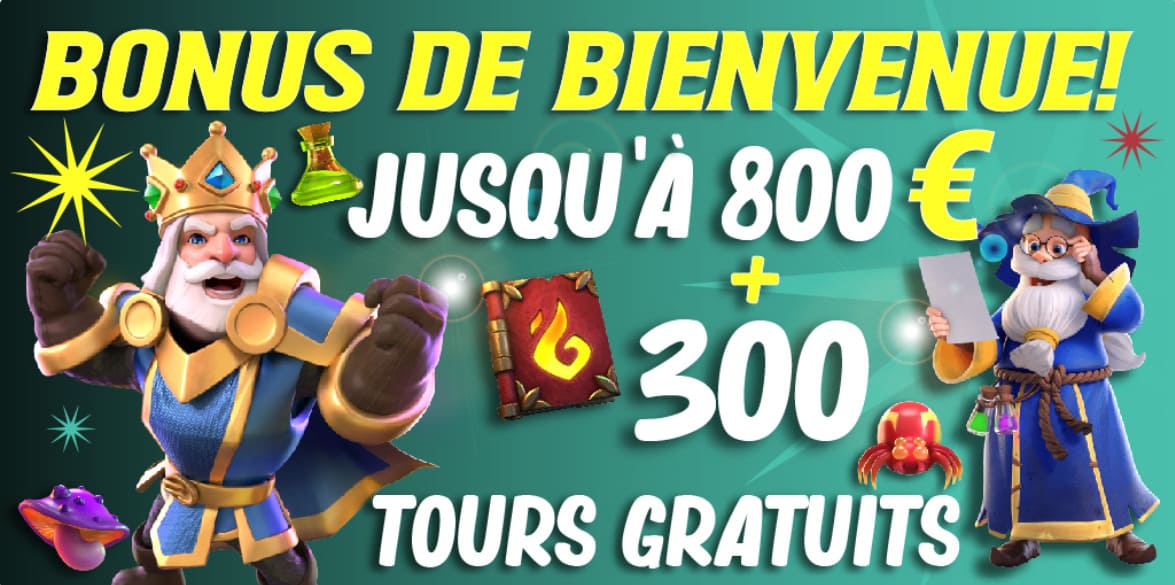 Page du bonus de bienvenue de Merlin Casino présentant le pack 4 dépôts jusqu'à 800 € + 300 FS
