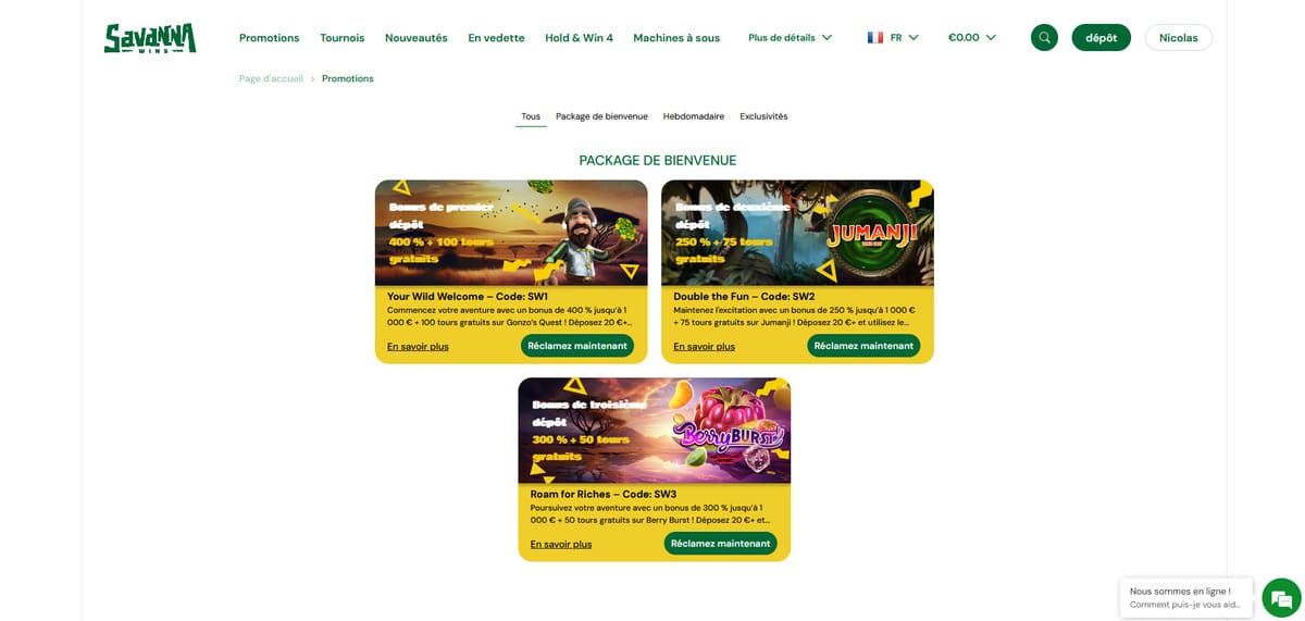 Page des bonus de bienvenue de Savanna Wins Casino avec détail du pack 3 dépôts jusqu'à 3 000 euros