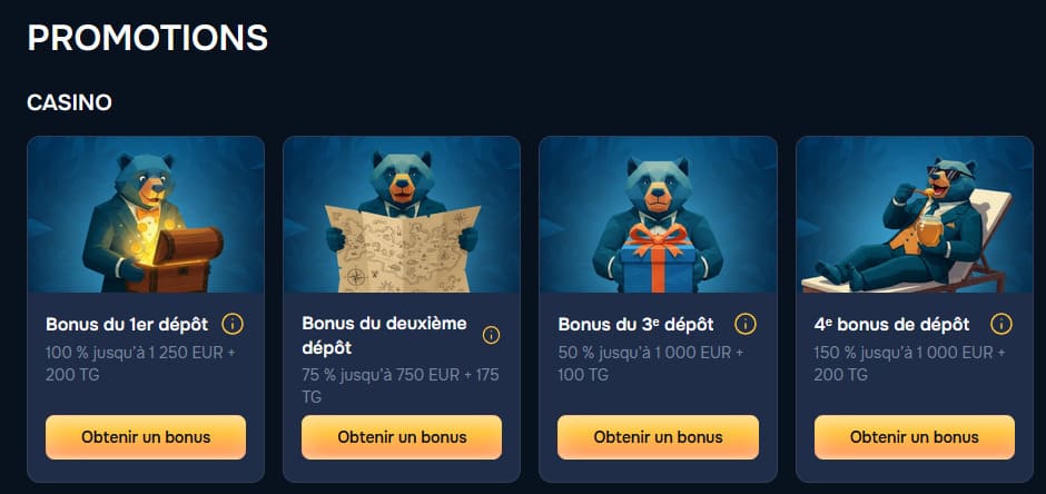 Page bonus de bienvenue de Baloo Casino affichant les 4 tranches du pack jusqu'à 4 000 euros et 575 tours gratuits