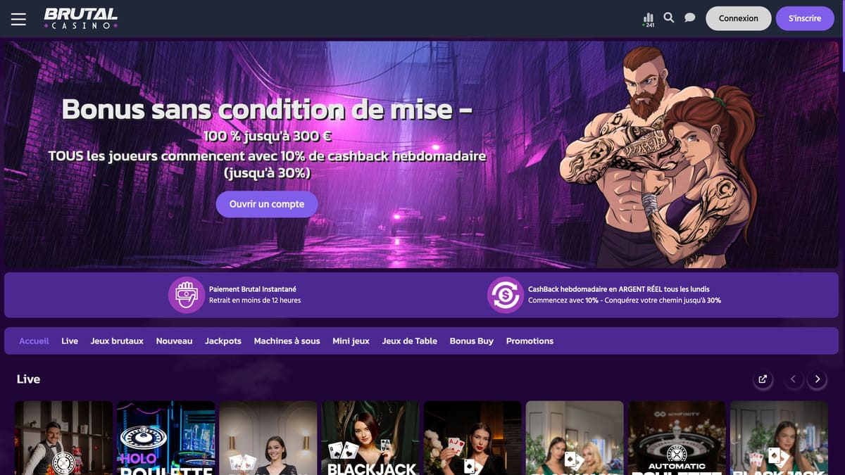 Interface lobby de Brutal Casino avec sa charte graphique sombre et son catalogue de jeux en vedette