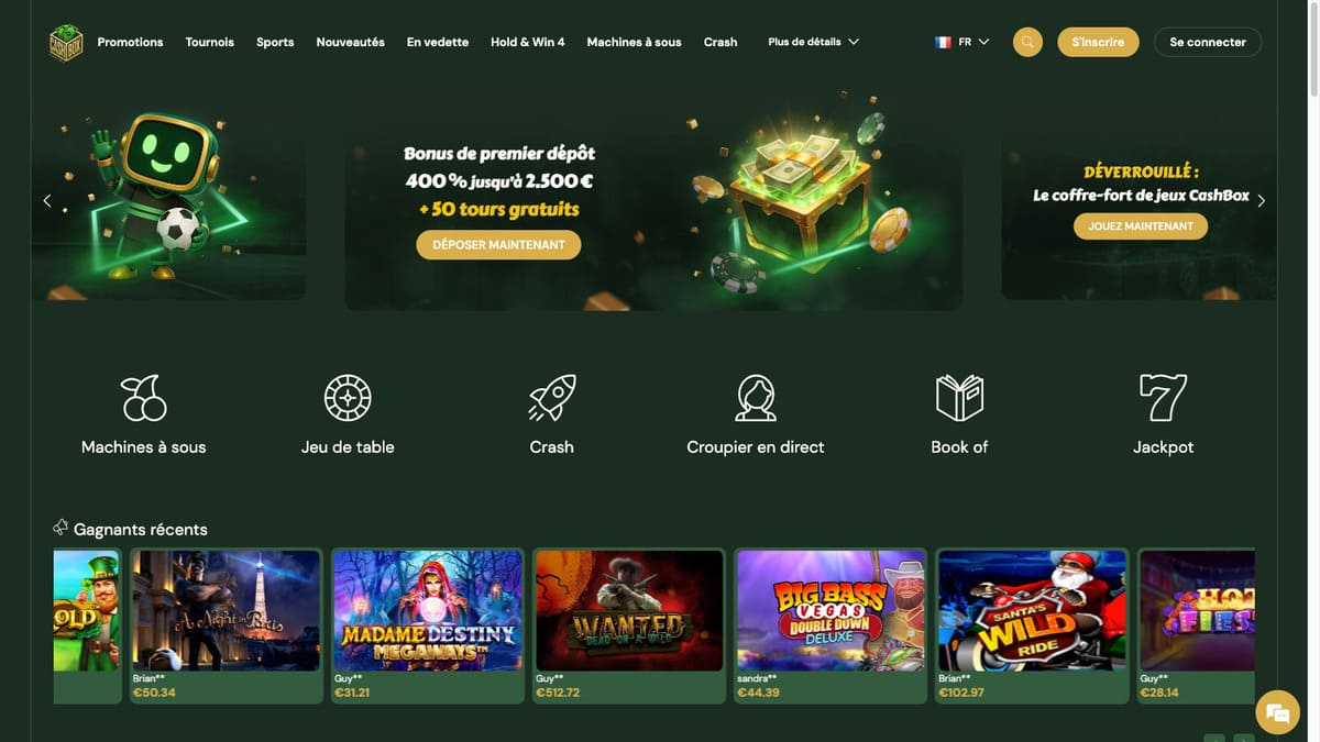 Interface lobby de CashBox Casino avec les catégories de jeux et filtres par fournisseur visibles
