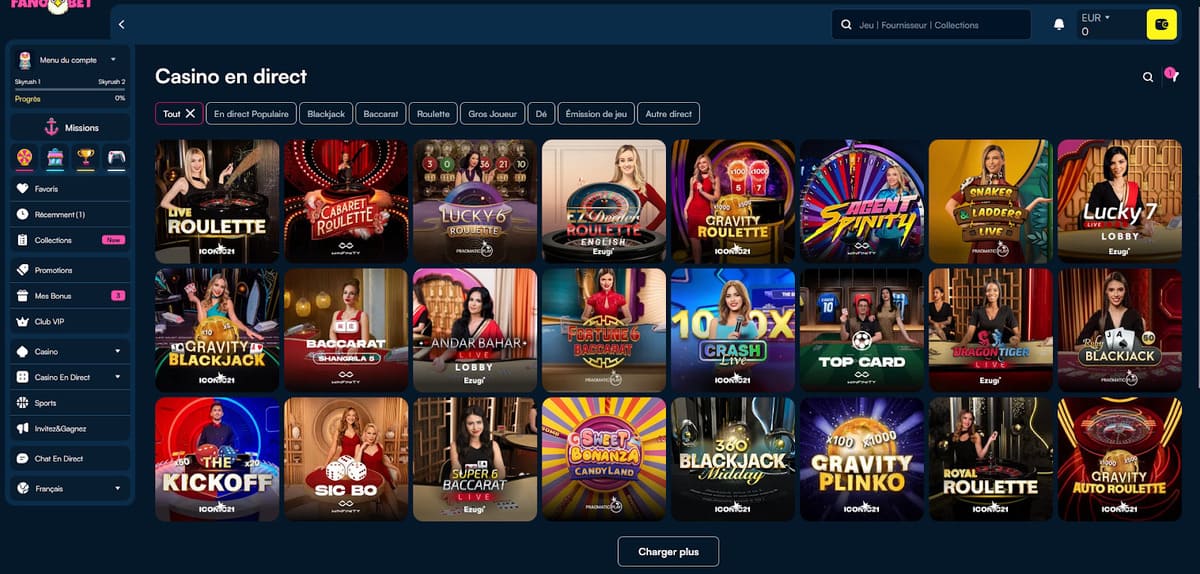Tables live casino de Fano Bet avec croupiers Evolution Gaming et Pragmatic Live en temps réel