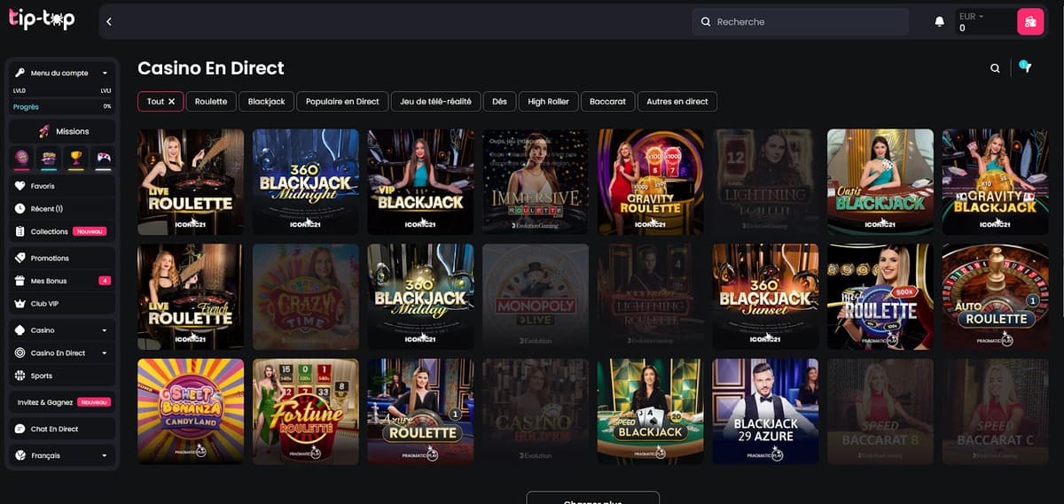 Section casino en direct de Tip Top Casino avec les tables Evolution Gaming disponibles en temps réel