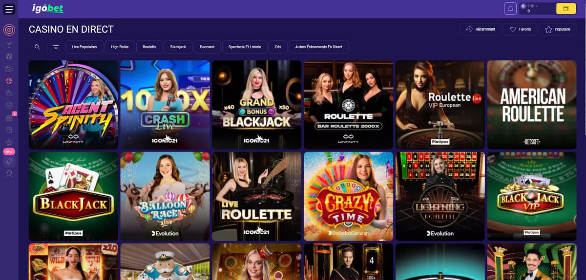 Tables en direct sur Igobet casino avec les studios Evolution et Pragmatic Live disponibles en temps réel