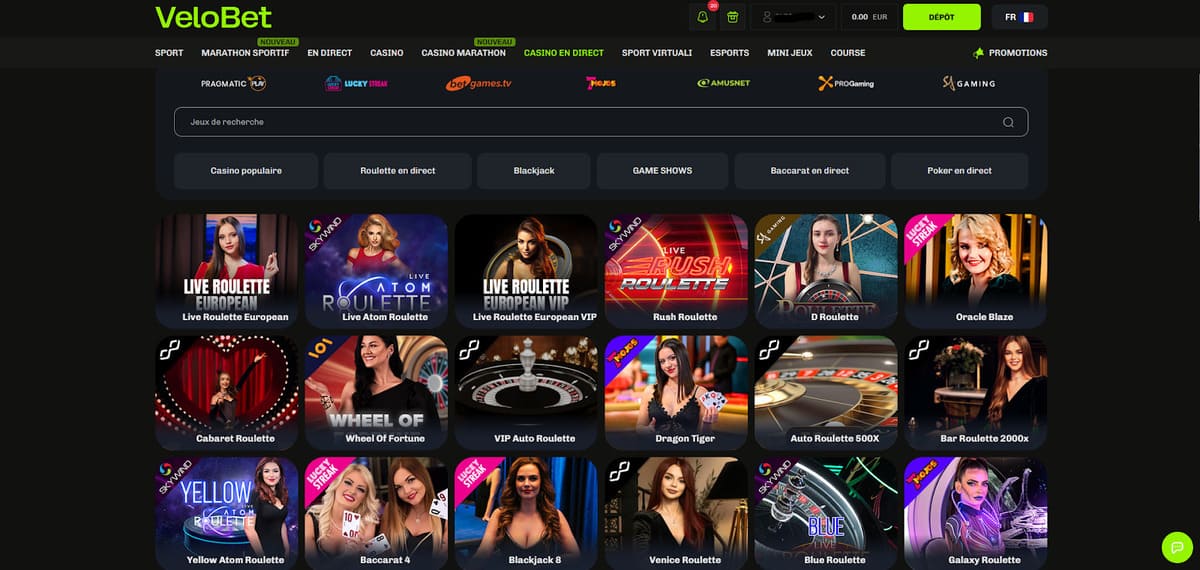 Section casino en direct de Velobet avec tables live animées par Evolution Gaming en temps réel