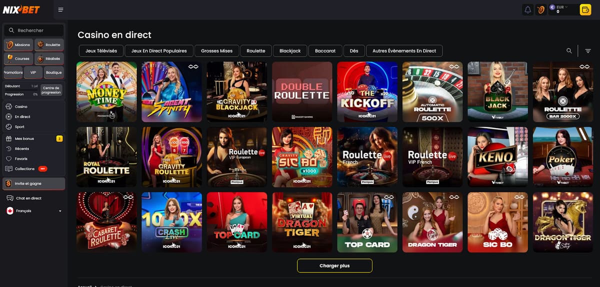 Section casino en direct de Nixbet affichant les tables Evolution Gaming disponibles avec le lobby live