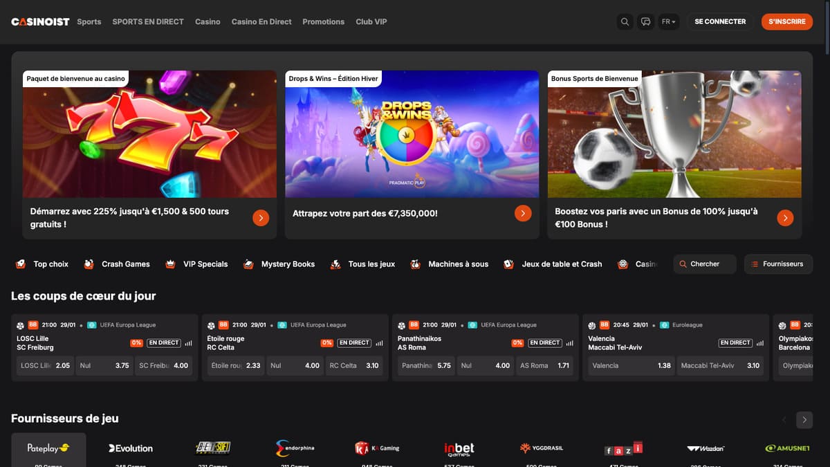 Interface lobby de Casinoist avec sélection de jeux machines à sous et casino live en page d'accueil
