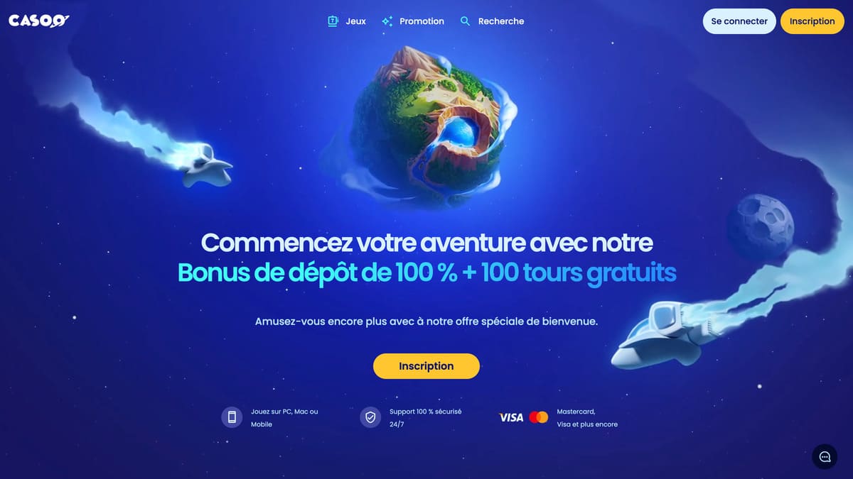 Lobby du casino Casoo avec interface futuriste et sélection de machines à sous en vedette