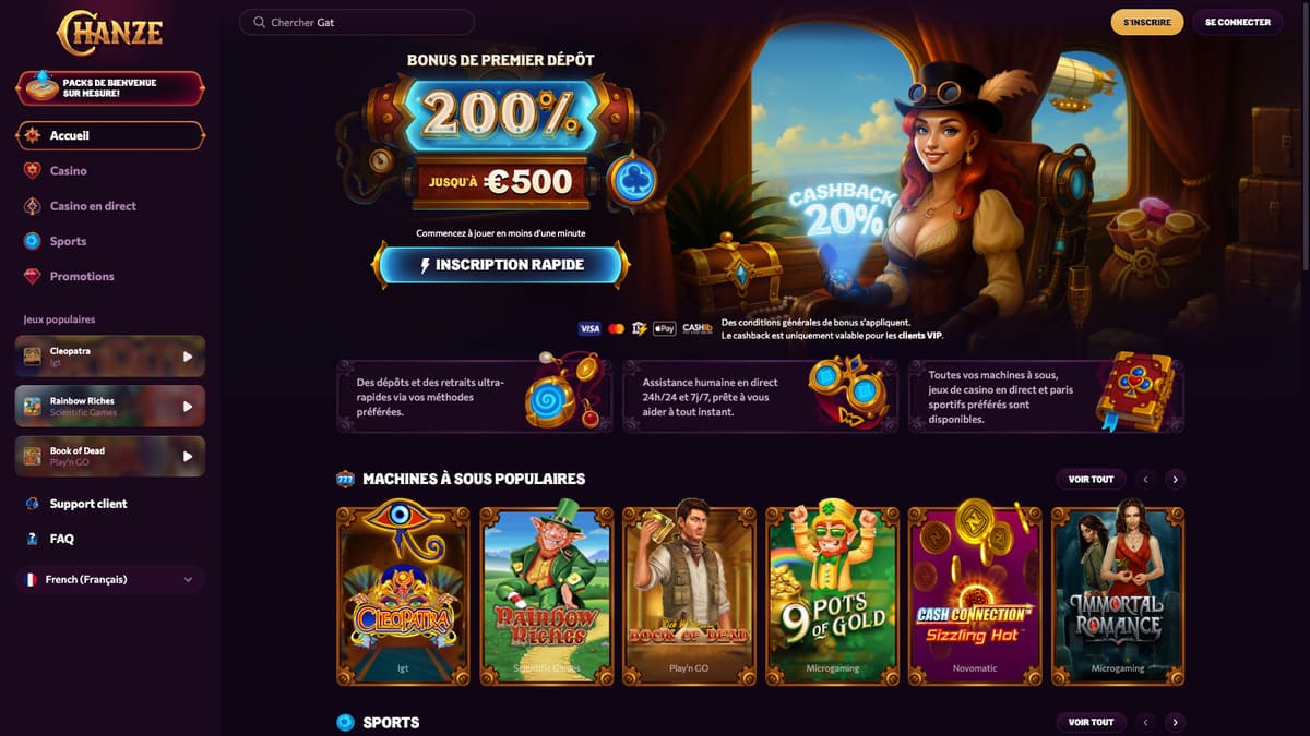 Lobby officiel de Chanze Casino avec l'interface de navigation et la sélection de jeux en page d'accueil