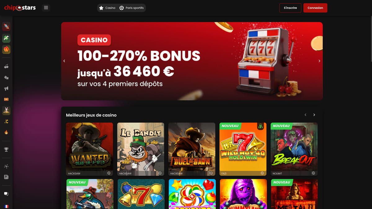 Interface lobby de Chipstars Casino affichant les catégories slots, live casino et paris sportifs sur fond sombre