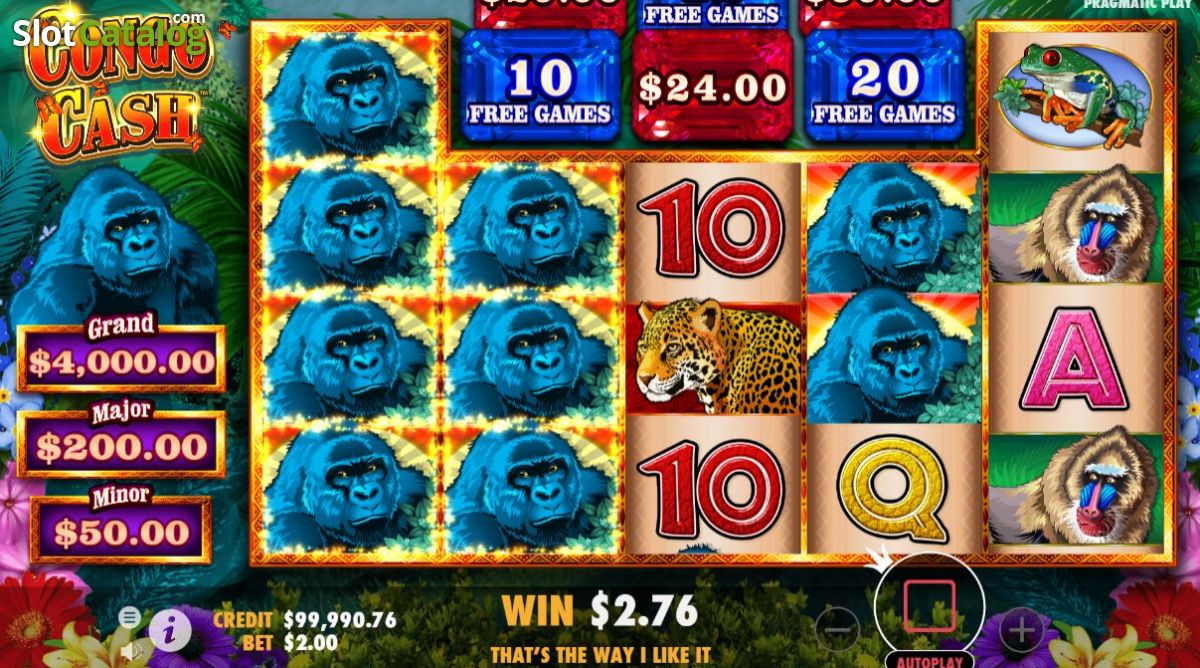 Écran de gains sur Congo Cash avec le plateau Jewel Board rempli et les rouleaux verrouillés après activation bonus