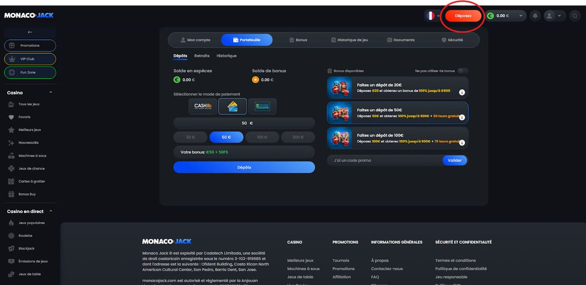 Page de dépôt de Monaco Jack affichant les méthodes de paiement acceptées dont Visa, Mastercard et CASHlib