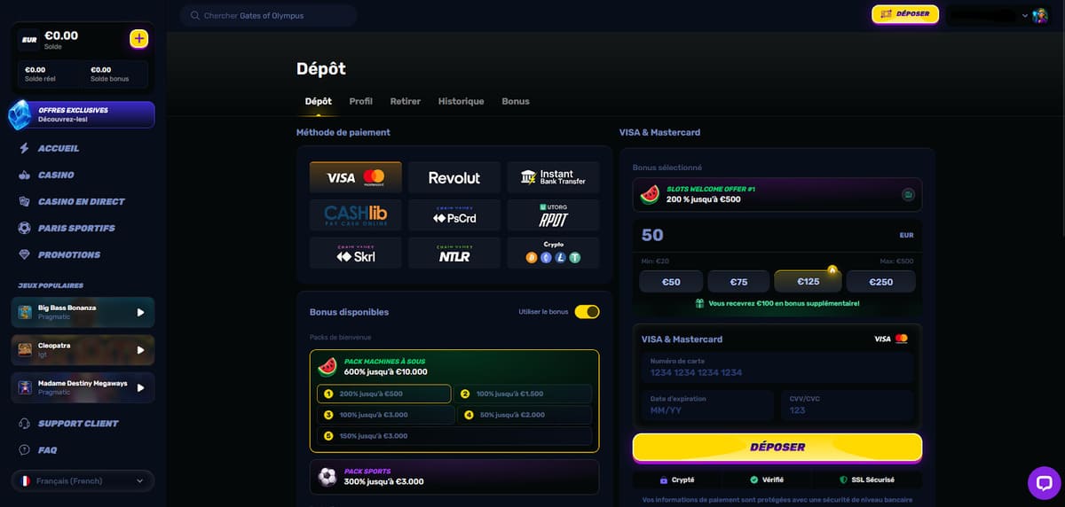 Page de dépôt de Wino Casino affichant les 26 méthodes de paiement dont Bitcoin, Skrill et carte bancaire