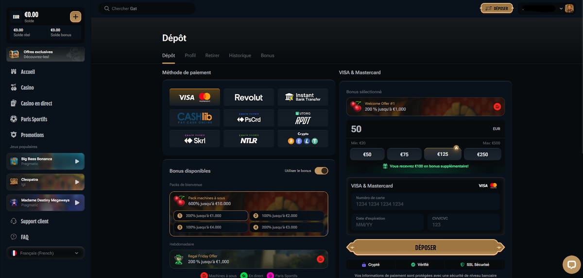 Interface de dépôt de Kingdom Casino affichant les 27 méthodes de paiement disponibles dont Bitcoin et Skrill