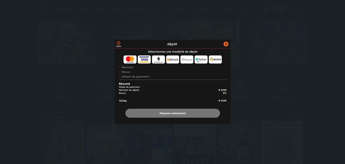 Section dépôt de Hermes Casino présentant les méthodes de paiement disponibles dont Bitcoin et Visa