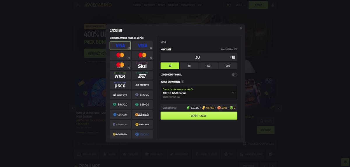 Page de dépôt d'Avocasino affichant les méthodes de paiement disponibles dont cartes, e-wallets et cryptomonnaies