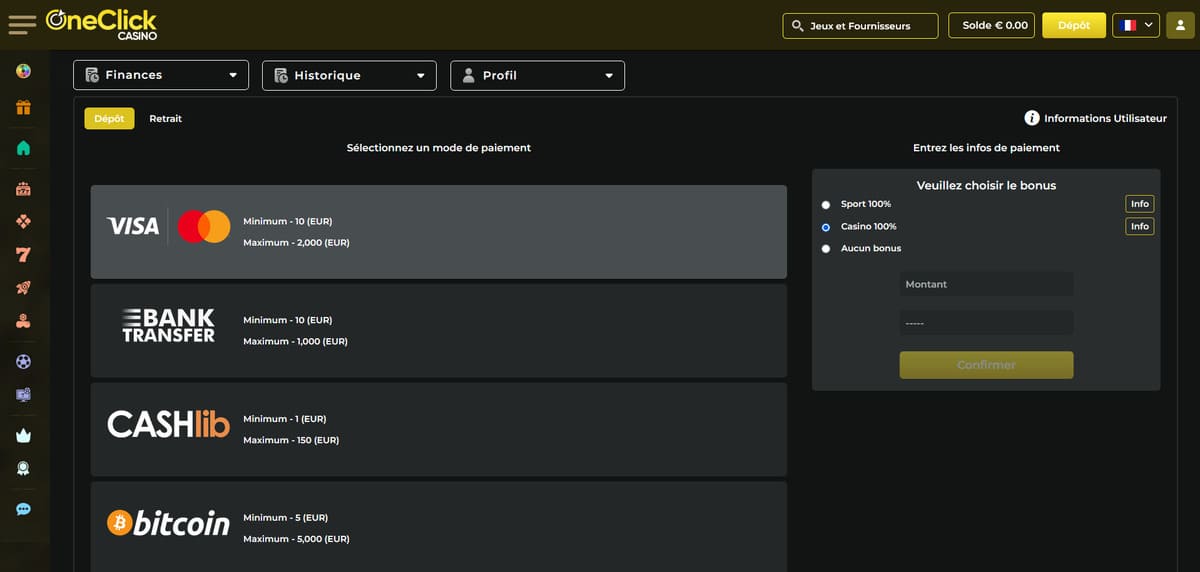 Interface dépôt de OneClick Casino affichant les méthodes disponibles dont cryptomonnaies et cartes bancaires
