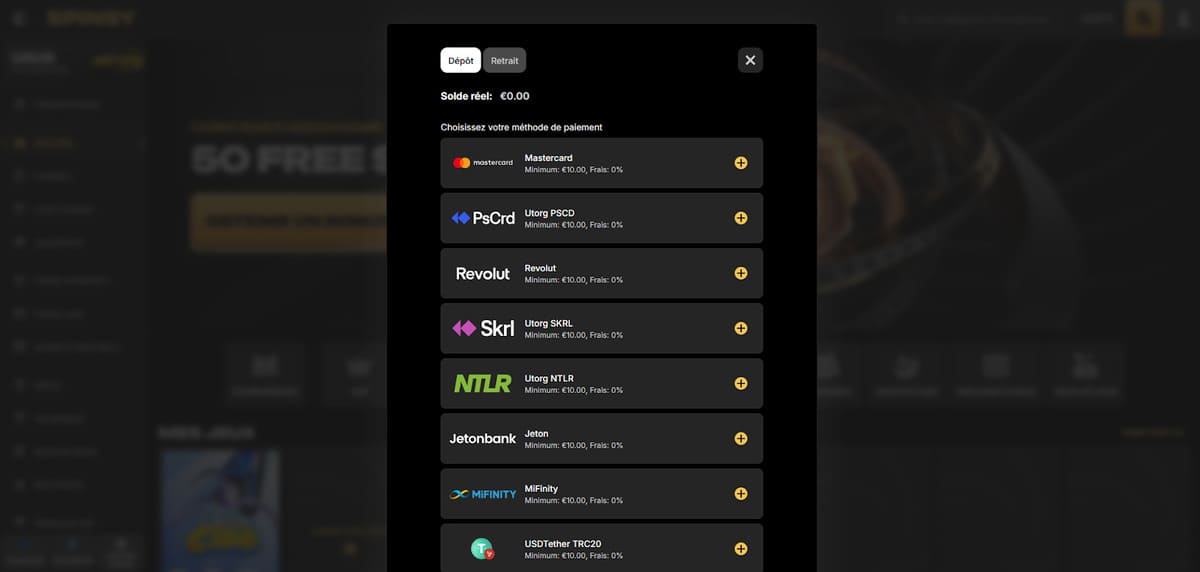Page dépôt de Spinsy Casino avec les méthodes de paiement disponibles dont les cryptomonnaies