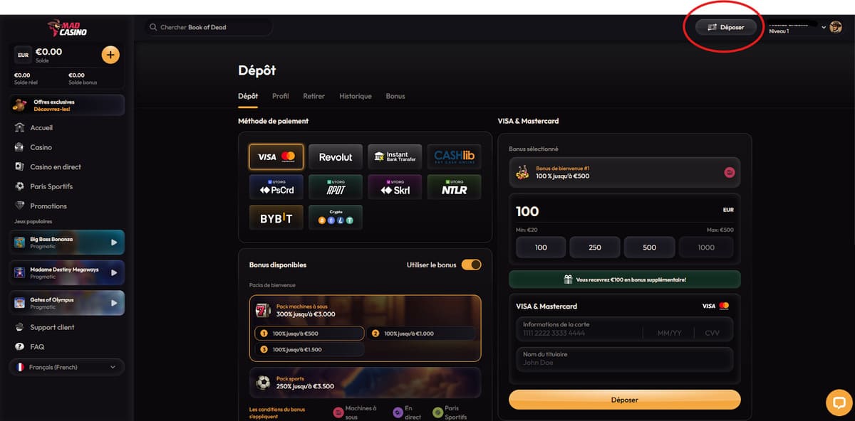 Interface de dépôt de MadCasino montrant les méthodes de paiement dont 15 cryptomonnaies disponibles