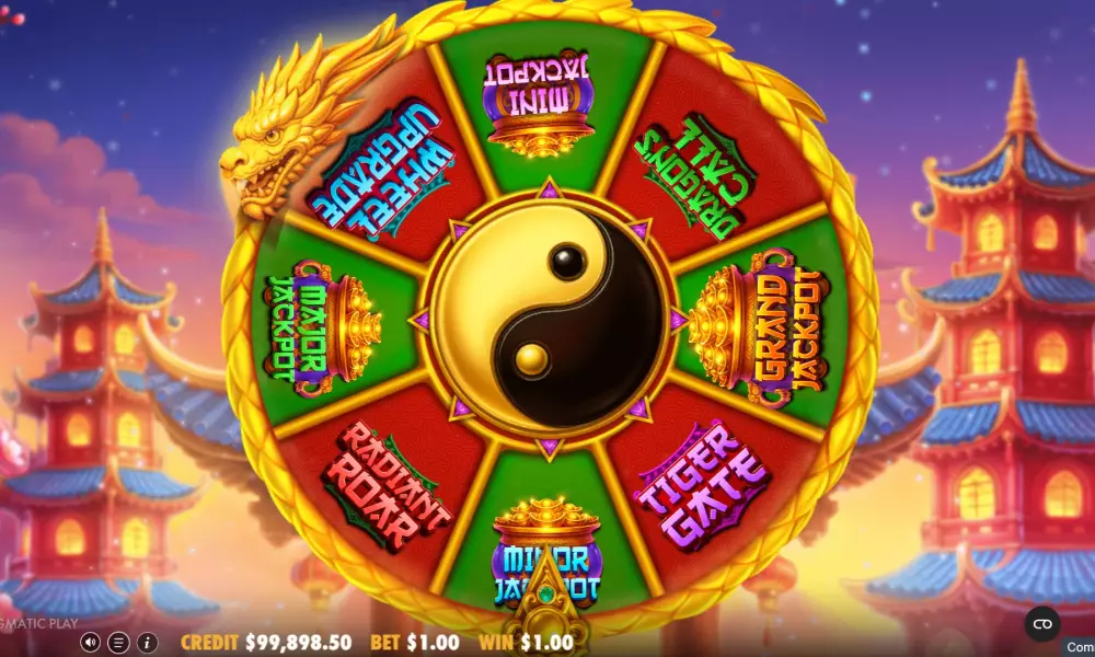 Roue du Wheel Bonus de Dragon Tiger Fortunes avec les segments Tiger's Gate, Dragon's Call et jackpots Mini à Grand visibles