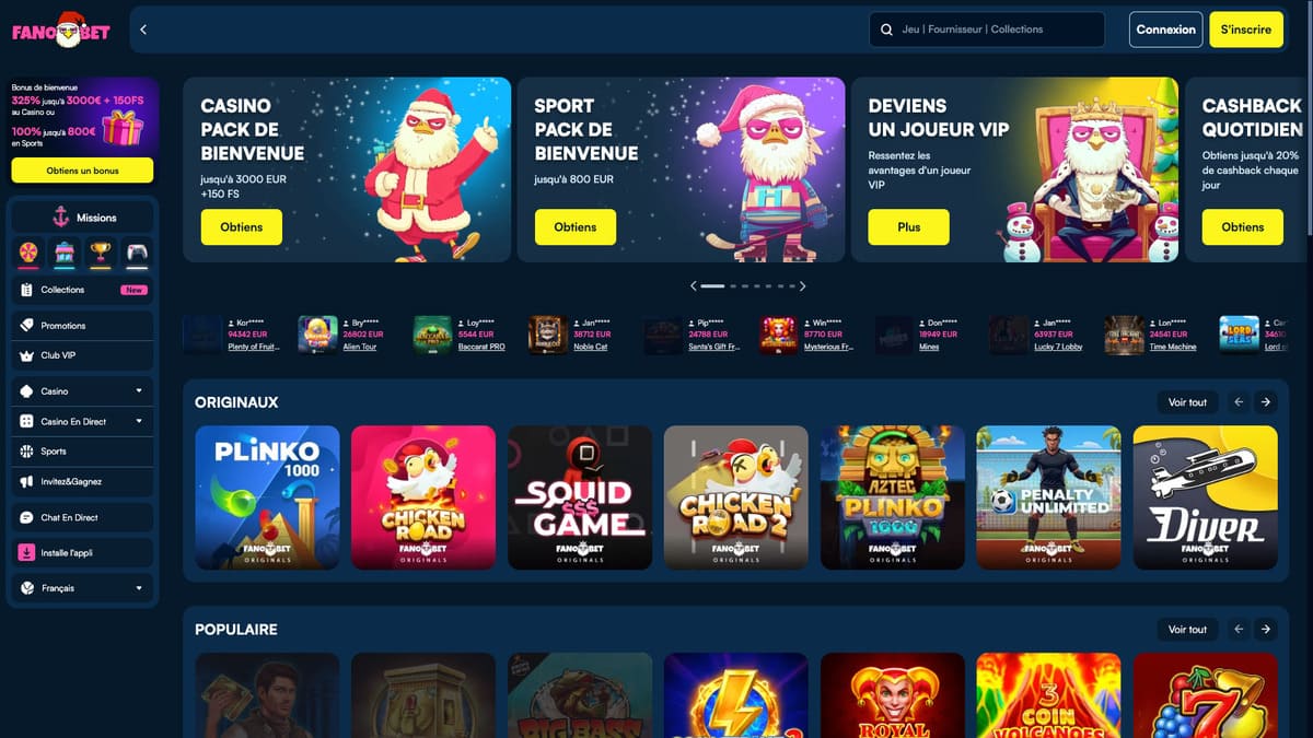Interface principale du lobby de Fano Bet Casino avec les catégories de jeux et la mascotte oiseau grognon