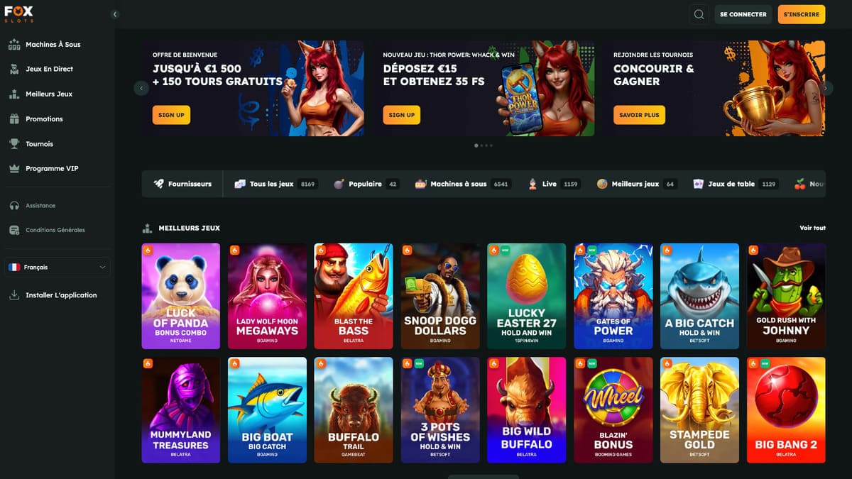 Interface du lobby FoxSlots Casino avec la liste des machines à sous et les promotions du moment