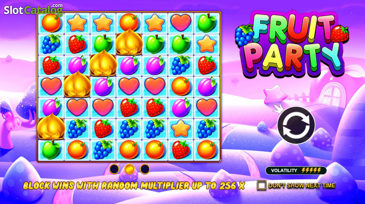 Grille 7x7 de Fruit Party par Pragmatic Play avec clusters de symboles fruités colorés pendant une séquence de gains