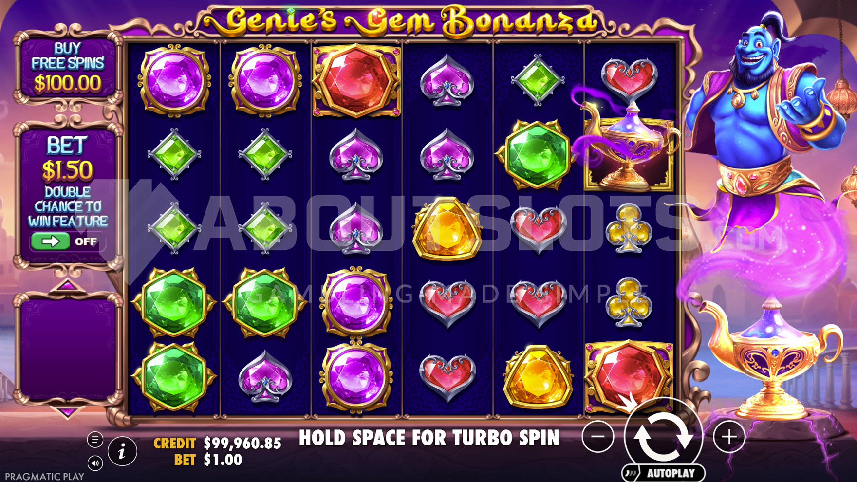 Grille 6x5 de Genie's Gem Bonanza avec clusters de gemmes colorés et le génie multiplicateur actif sur la droite