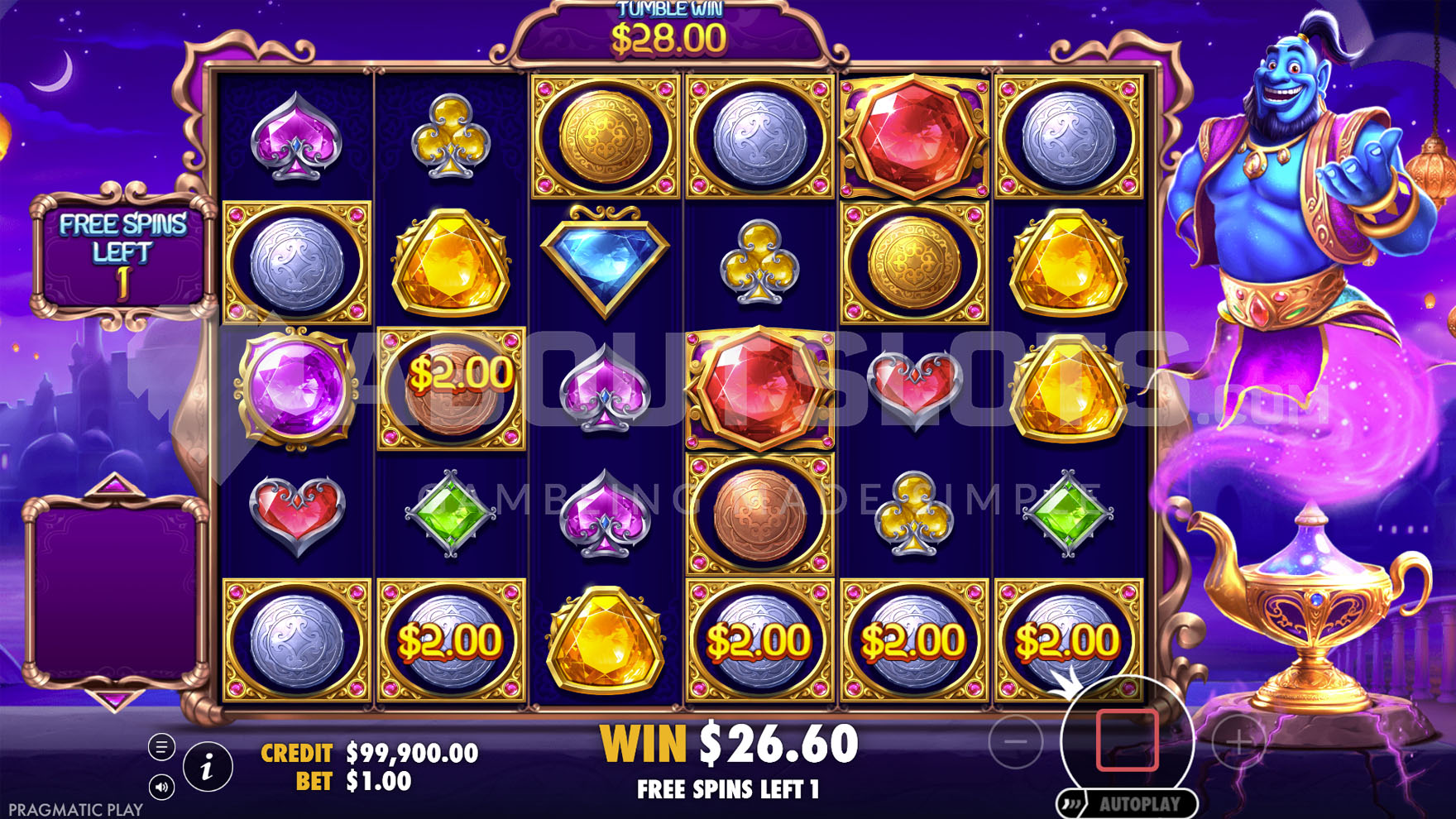 Écran free spins de Genie's Gem Bonanza avec compteur de tours restants et multiplicateurs du génie en cascade