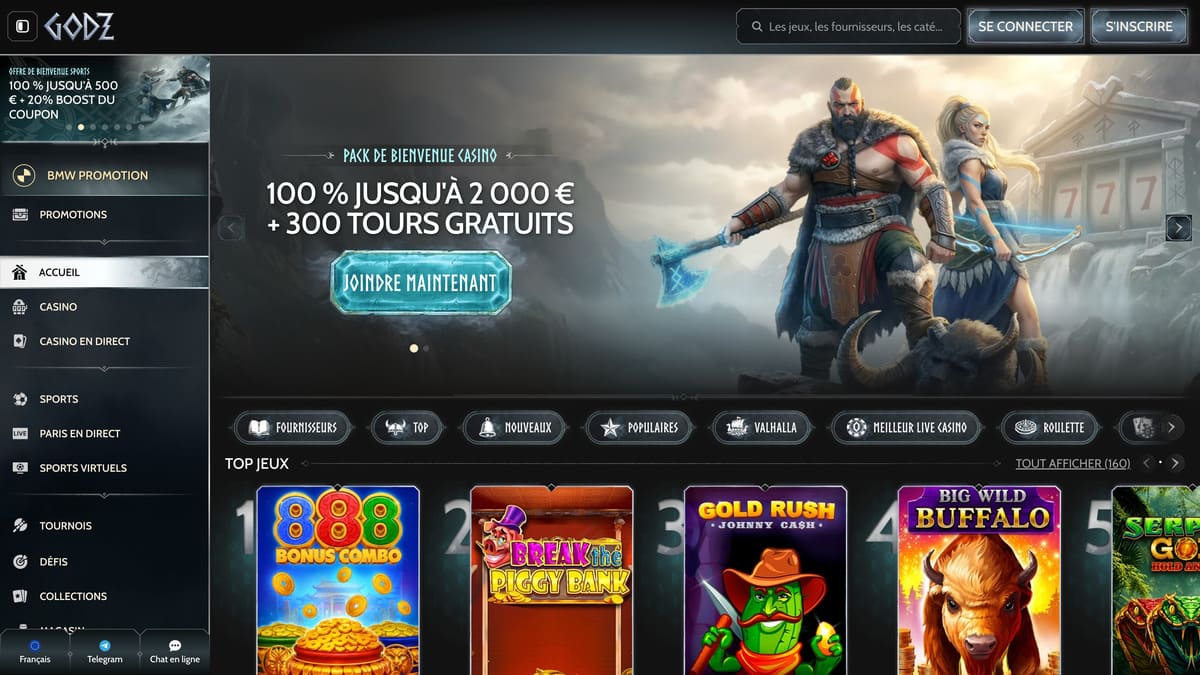 Interface du lobby de Godz Casino avec les catégories de jeux, promotions et accès aux slots en vedette
