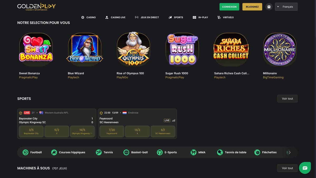 Lobby du casino GoldenPlay avec sélection de machines à sous et interface sobre aux tons sombres