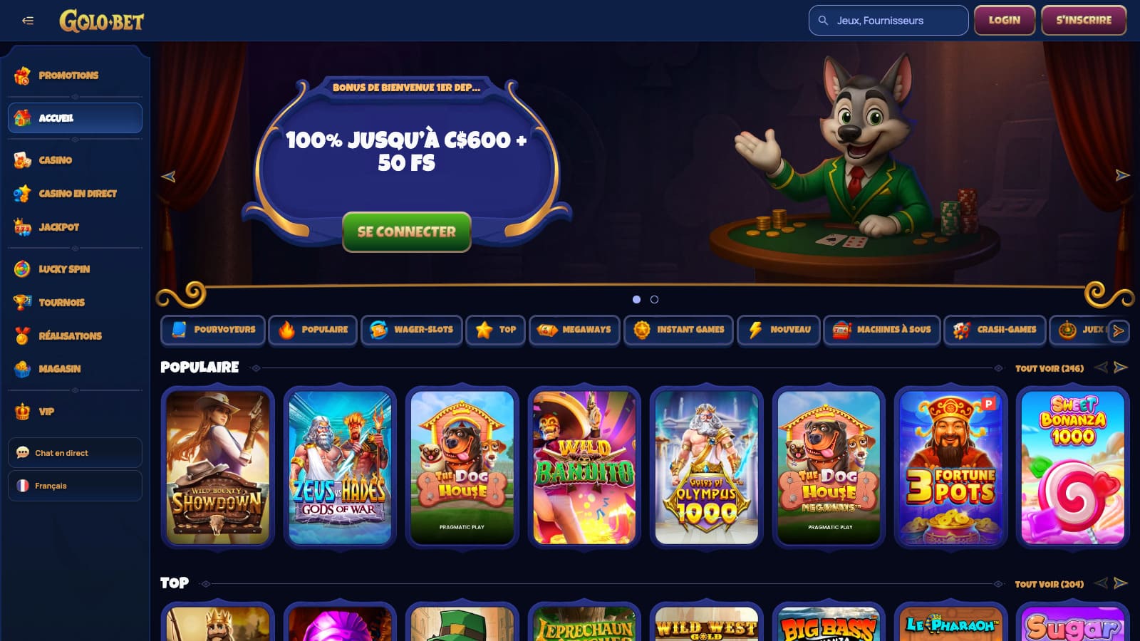 Lobby de Golobet Casino affichant la grille de machines à sous avec la mascotte renard en costume vert