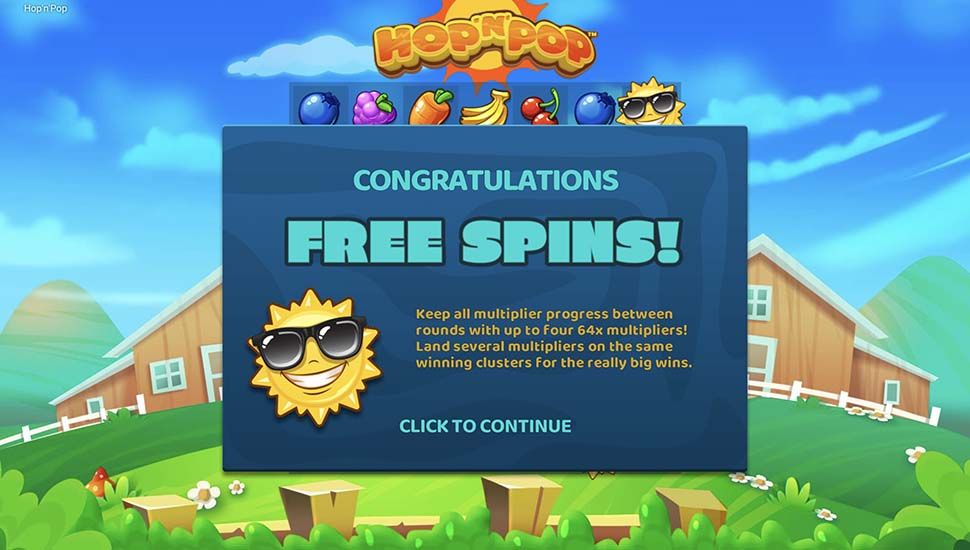 Écran Free Spins de Hopnpop avec multiplicateurs de départ positionnés sur la grille 7×7