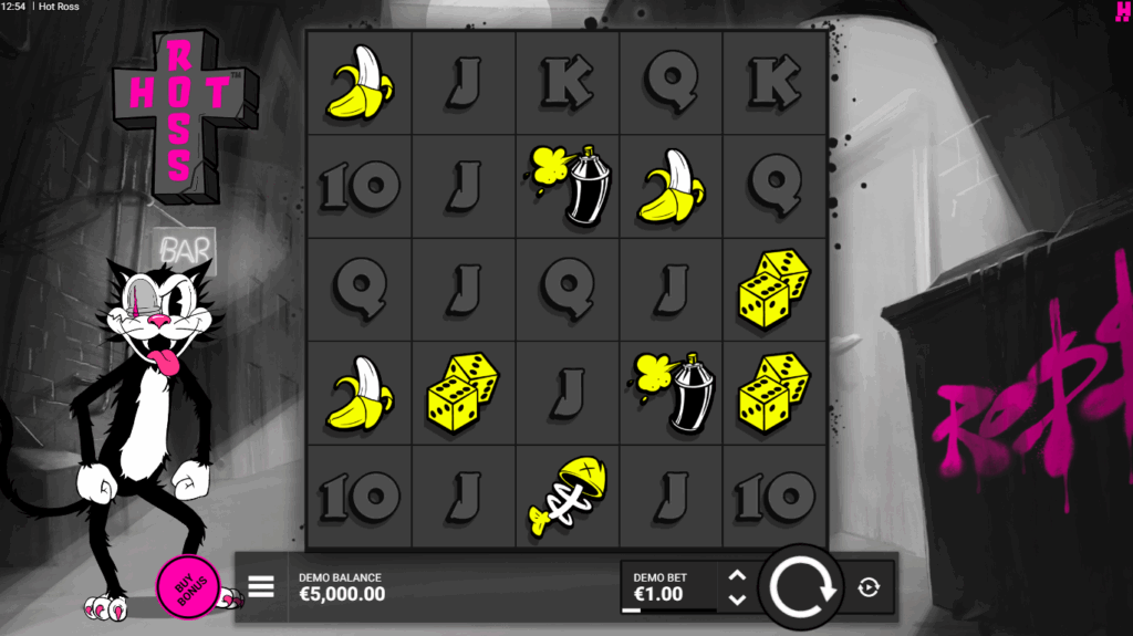 Grille 5x5 de Hot Ross en jeu de base, symboles Ro$$ et Hot Ro$$ visibles sur les rouleaux