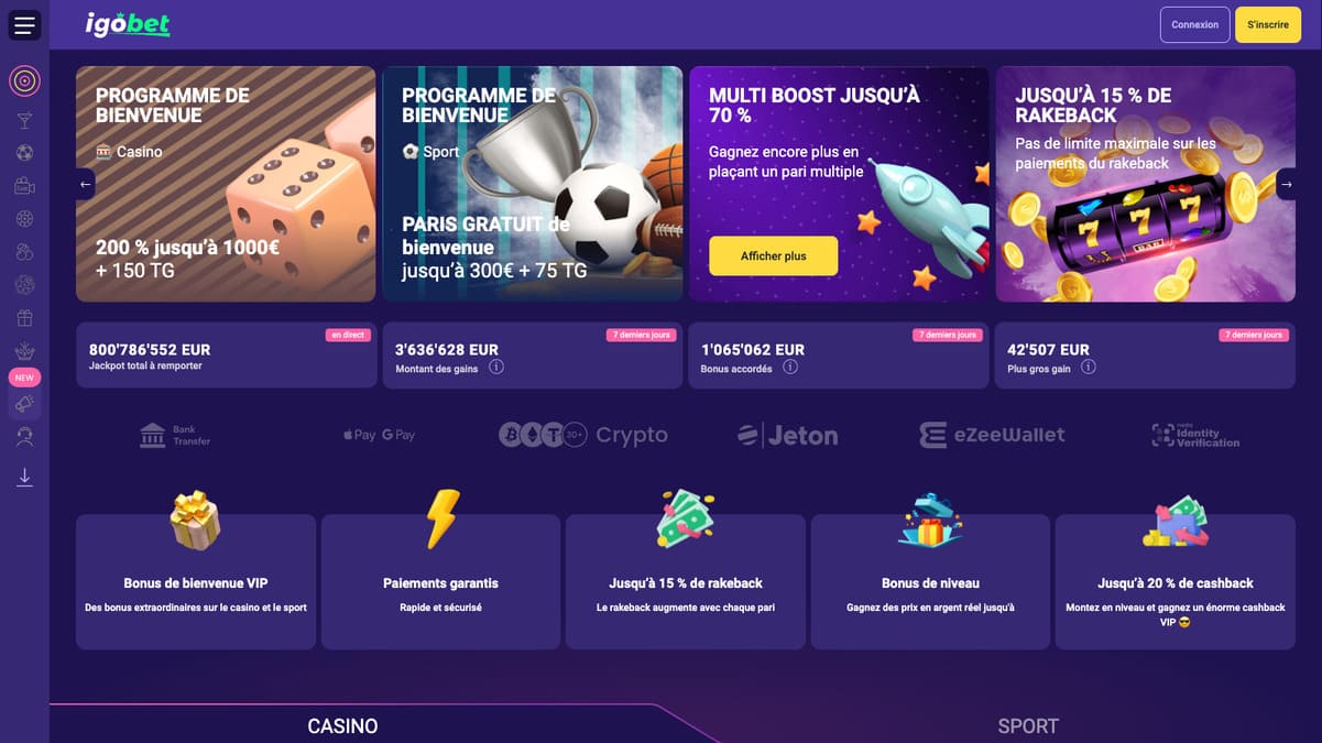 Lobby de la plateforme Igobet casino affichant le menu de navigation et les catégories de jeux disponibles