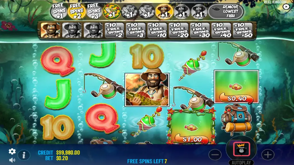 Écran de free spins de Big Bass Amazon Xtreme avec palier de multiplicateurs et compteur de Wilds actifs