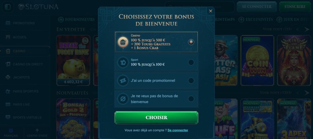 inscription sur le site slotuna casino